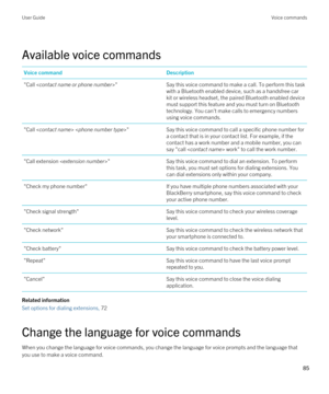 Page 85Available voice commands
Voice commandDescription"Call "Say this voice command to make a call. To perform this task 
with a 
Bluetooth enabled device, such as a handsfree car 
kit or wireless headset, the paired 
Bluetooth enabled device 
must support this feature and you must turn on 
Bluetooth 
technology. You can't make calls to emergency numbers 
using voice commands.
"Call  "Say this voice command to call a specific phone number for  a contact that is in your contact list. For...