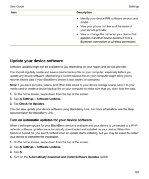 Page 128ItemDescriptiontIdentify your device PIN, software version, and 
model.
tView your phone number and the name of 
your service provider.
tView or change the name for your device that 
appears if another device detects it over a 
Bluetooth connection or wireless connection.
Updateyourdevicesoftware
Software updates might not be available to you depending on your region and service provider.
You should regularly create and save a device backup file on your computer, especially before you 
update any...