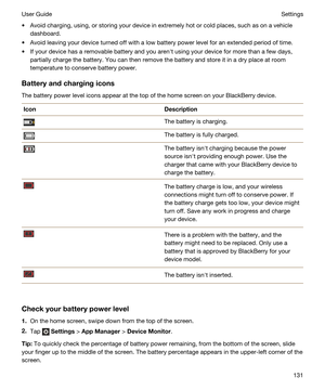 Page 131tAvoid charging, using, or storing your device in extremely hot or cold places, such as on a vehicle 
dashboard.
tAvoid leaving your device turned off with a low battery power level for an extended period of time.
tIf your device has a removable battery and you arenht using your device for more than a few days, 
partially charge the battery. You can then remove the battery and store it in a dry place at room 
temperature to conserve battery power.
Batteryandchargingicons
The battery power level icons...