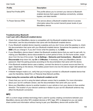 Page 155ProfileDescriptionSerial Port Profile (SPP)This profile allows you to connect your device to Bluetooth 
enabled devices that support desktop connectivity, wireless bypass, and data transfer.
Tx Power Service (TPS)This service allows a Bluetooth enabled device to access 
information about the current transmit power levels of your 
BlackBerry device.
Troubleshooting:Bluetooth
IcanhtpairwithaBluetoothenableddevice
tCheck that your BlackBerry device is compatible with the Bluetooth enabled device....