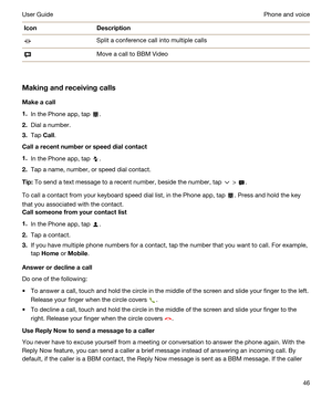 Page 46IconDescriptionSplit a conference call into multiple callsMove a call to BBM Video
Makingandreceivingcalls
Makeacall
1.In the Phone app, tap .
2.Dial a number.
3.Tap Call.
Callarecentnumberorspeeddialcontact
1.In the Phone app, tap .
2.Tap a name, number, or speed dial contact.
Tip:To send a text message to a recent number, beside the number, tap  > .
To call a contact from your keyboard speed dial list, in the Phone app, tap . Press and hold the key 
that you associated with the contact....