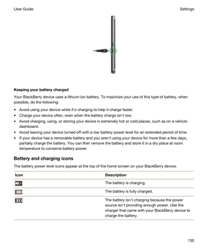 Page 130 
Keepingyourbatterycharged
Your BlackBerry device uses a lithium-ion battery. To maximize your use of this type of battery, when 
possible, do the following:
tAvoid using your device while iths charging to help it charge faster.
tCharge your device often, even when the battery charge isnht low.
tAvoid charging, using, or storing your device in extremely hot or cold places, such as on a vehicle 
dashboard.
tAvoid leaving your device turned off with a low battery power level for an extended period of...