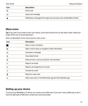 Page 15IconDescriptionPhone callVoice mail messageNotification messages from apps and services such as BlackBerry World
Menuicons
Tip:If you arenht sure what a menu icon means, touch and hold the icon to see what it does. Slide your 
finger off the icon to avoid selecting it.
Herehs a description of the most common menu icons:
IconDescriptionOpen a menu of actionsOpen a list of ways to navigate or filter informationCompose a messageView attachmentsShare an item, such as a picture, with someoneReply to an...