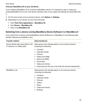 Page 30FindyourBlackBerryIDonyourolddevice
If you created a BlackBerry ID on a previous BlackBerry device, iths important to sign in using your 
existing 
BlackBerry ID on your new device, because many of your apps and settings are associated with 
it.
1.On the home screen of your previous device, click Options or Settings.
2.Depending on your device, do one of the following:
tClick ThirdPartyApplications > BlackBerryID.
tClick Device > BlackBerryID.
tClick or tap BlackBerryID....
