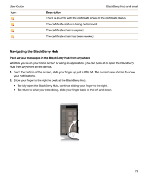 Page 79IconDescriptionThere is an error with the certificate chain or the certificate status.The certificate status is being determined.The certificate chain is expired.The certificate chain has been revoked.
NavigatingtheBlackBerryHub
PeekatyourmessagesintheBlackBerryHubfromanywhere
Whether youhre on your home screen or using an application, you can peek at or open the BlackBerry 
Hub
 from anywhere on the device.
1.From the bottom of the screen, slide your finger up just a little bit. The current...