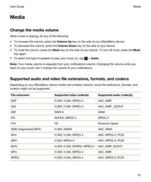 Page 91Media
Changethemediavolume
When music is playing, do any of the following:
tTo increase the volume, press the VolumeUp key on the side of your BlackBerry device.
tTo decrease the volume, press the VolumeDown key on the side of your device.
tTo mute the volume, press the Mute key on the side of your device. To turn off mute, press the Mute
key again.
tTo select the type of speaker to play your music on, tap  > Audio.
Note:Your media volume is separate from your notifications volume. Changing the...