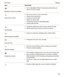 Page 126ItemDescription
BlackBerry Protect (if available)
tTurn on BlackBerry Protect to help secure and locate your 
device if iths lost or stolen.
Security and Privacy
tSet up your device to use a smart card.
tCreate a device password.
tEncrypt your device data.
tDelete your device data.
tChange permissions for downloaded apps.
tCreate a SIM card PIN.
App Manager
tChange the default app used to open a specific file type.
tMonitor apps that are using your devicehs memory.
Media Sharing (if available)
tConnect...