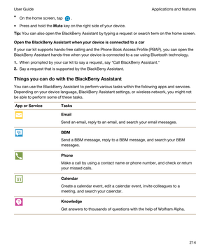 Page 214tOn the home screen, tap .
tPress and hold the Mute key on the right side of your device.
Tip:You can also open the BlackBerry Assistant by typing a request or search term on the home screen.
OpentheBlackBerryAssistantwhenyourdeviceisconnectedtoacar
If your car kit supports hands-free calling and the Phone Book Access Profile (PBAP), you can open the 
BlackBerry Assistant hands-free when your device is connected to a car using Bluetooth technology.
1.When prompted by your car kit to say a...