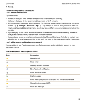 Page 624.Tap .
Troubleshooting:Settingupaccounts
Icanhtaddanemailaccount
Try the following:
tMake sure that your email address and password have been typed correctly.
tMake sure that your device is connected to a mobile or Wi-Fi network.
tAdd the email account using advanced setup. On the home screen, swipe down from the top of the 
screen.
 Tap  Settings > Accounts >  > . Tap the type of account that you want to add. You 
might need to get additional information about your account from your...