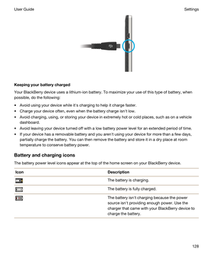 Page 128 
Keepingyourbatterycharged
Your BlackBerry device uses a lithium-ion battery. To maximize your use of this type of battery, when 
possible, do the following:
tAvoid using your device while iths charging to help it charge faster.
tCharge your device often, even when the battery charge isnht low.
tAvoid charging, using, or storing your device in extremely hot or cold places, such as on a vehicle 
dashboard.
tAvoid leaving your device turned off with a low battery power level for an extended period of...