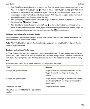 Page 182tIf the BlackBerry Screen Reader is turned on, tap  on the bottom left corner of the screen to set 
the point of regard. Then, double-tap 
to return to the Accessibility screen. Tap  on the bottom 
left corner of the screen to set the point of regard. Then tap 
 on the bottom left corner of the 
screen again to return to the System Settings screen. With the point of regard on the minimized 
app, double-tap with two fingers to close the app.
tIf the BlackBerry Screen Reader is turned off, swipe up from...