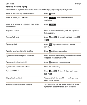 Page 161Keyboardshortcuts:Typing
Some shortcuts might not be available depending on the typing input language that you use.Undo an automatically corrected wordPress  twice.Insert a period (.) in a text fieldPress  twice. The next letter is
capitalized.Insert an at sign (@) or a period (.) in an email
address fieldPress .Capitalize a letterPress and hold the letter key until the capitalized
letter appears.Turn on CAP lockPress  and . To turn off CAP lock, press 
or .
Type a symbolPress . Tap the symbol that...