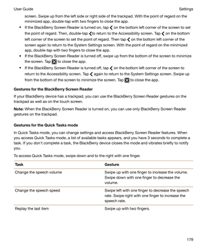 Page 179screen. Swipe up from the left side or right side of the trackpad. With the point of regard on the
minimized app, double-tap with two fingers to close the app.
t If the BlackBerry Screen Reader is turned on, tap 
 on the bottom left corner of the screen to set
the point of regard. Then, double-tap 
to return to the Accessibility screen. Tap  on the bottom
left corner of the screen to set the point of regard. Then tap 
 on the bottom left corner of the
screen again to return to the System Settings screen....