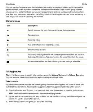 Page 89You can use the Camera on your device to take high-quality pictures and videos, and to capture that
perfect moment, even in adverse conditions. Time Shift mode makes it easy to take group pictures
where everyone looks their best, and you can take panoramic pictures and capture the whole vista in
one shot. Your device can also detect the lighting conditions and suggest the best mode and setting to
use, so you can focus on capturing the moment.
CameraiconsIconDescriptionSwitch between the front-facing and...