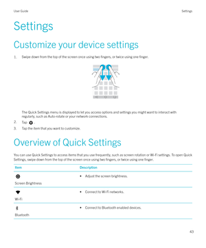 Page 43SettingsCustomize your device settings
1.Swipe down from the top of the screen once using two fingers, or twice using one finger.
 
 
The Quick Settings menu is displayed to let you access options and settings you might want to interact with regularly, such as Auto-rotate or your network connections.
2.Tap .
3. Tap the item that you want to customize.
Overview of Quick Settings You can use Quick Settings to access items that you use frequently, such as screen rotation or Wi-Fi settings. To open...