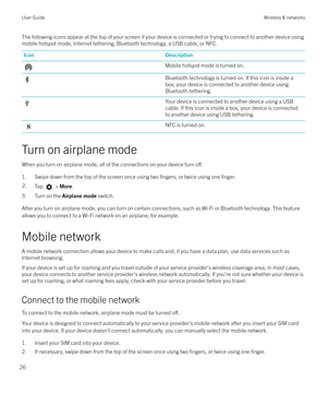 Page 26The following icons appear at the top of your screen if your device is connected or trying to connect to another device using
mobile hotspot mode, Internet tethering, Bluetooth technology, a USB cable, or NFC.IconDescriptionMobile hotspot mode is turned on.Bluetooth technology is turned on. If this icon is inside a box, your device is connected to another device using
Bluetooth tethering.Your device is connected to another device using a USB
cable. If this icon is inside a box, your device is connected...