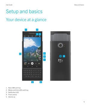 Page 5Setup and basics
Your device at a glance  
 
1. Nano SIM card tray
2. Media card (microSD card) tray
3.
Notification LED
4. Front camera
5. Volume up
User GuideSetup and basics
5 