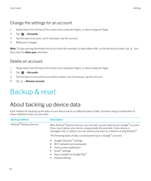 Page 70Change the settings for an account
1. Swipe down from the top of the screen once using two 
fingers, or twice using one finger.
2.Tap  >  Accounts .
3. Tap the type of account, and if necessary, tap the account.
4. Make your changes.
Note:  To stop syncing information for all accounts (for example, to save battery life), on the Accounts screen, tap , and
then clear the  Auto-sync checkbox.
Delete an account
1. Swipe down from the top of the screen once using two 
fingers, or twice using one finger.
2.Tap...