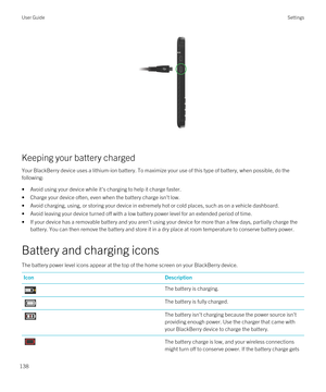 Page 138 
Keeping your battery charged
Your BlackBerry device uses a lithium-ion battery. To maximize your use of this type of battery, when possible, do the 
following:
