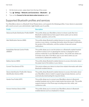 Page 1611.On the home screen, swipe down from the top of the screen.2.Tap  Settings > Networks and Connections > Bluetooth > .
3.Turn on the Connect to the last device when turned on switch.
Supported Bluetooth profiles and services
Your BlackBerry device is a Bluetooth Smart Ready device, and supports the following profiles. If your device is associated 
with a work account, your administrator might disable use of a profile.
ProfileDescriptionAdvanced Audio Distribution Profile (A2DP)This profile allows your...