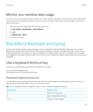 Page 171Monitor your wireless data usage
You can check how much data you have used over your mobile network or your Wi-Fi network. You can also monitor which 
apps and services are using the most data, and you can close some apps to help reduce your data usage or improve the  device performance.
1.On the home screen, swipe down from the top of the screen.
2.Tap  Settings > App Manager > Device Monitor.3.Tap .
4.Tap Mobile Data or Wi-Fi.
5.Tap an app or service.
BlackBerry Keyboard and typing
Communicate with the...