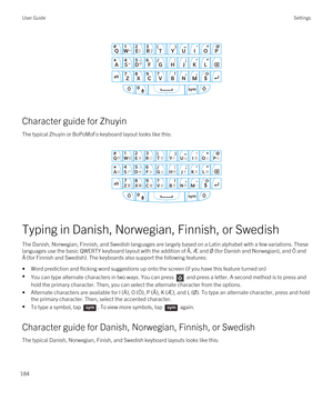 Page 184 
 
Character guide for Zhuyin
The typical Zhuyin or BoPoMoFo keyboard layout looks like this:
 
 
Typing in Danish, Norwegian, Finnish, or Swedish
The Danish, Norwegian, Finnish, and Swedish languages are largely based on a Latin alphabet with a few variations. These 
languages use the basic QWERTY keyboard layout with the addition of Å, Æ and 