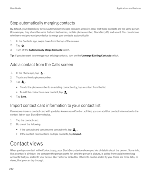 Page 242Stop automatically merging contacts
By default, your BlackBerry device automatically merges contacts when it