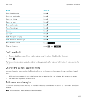 Page 263ActionShortcutOpen the address barPress UOpen your bookmarksPress KOpen your historyPress HOpen your tabsPress WEnter reader modePress RRefresh a webpagePress LZoom inPress IZoom outPress OGo to the top of a webpagePress TGo to the bottom of a webpagePress BMove down the screenPress Move up the screenPress  and 
Go to a website
1.Type a web address or search term into the address bar at the bottom of the BlackBerry Browser.
2.Press .Tip: To maximize your screen space, the address bar disappears after a...