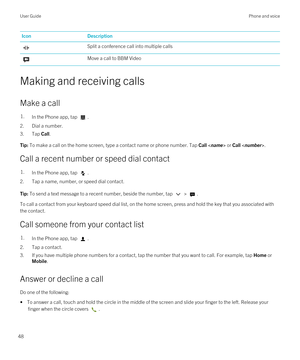 Page 48IconDescriptionSplit a conference call into multiple callsMove a call to BBM Video
Making and receiving calls
Make a call
1.In the Phone app, tap .
2.Dial a number.
3.Tap Call.
Tip: To make a call on the home screen, type a contact name or phone number. Tap Call  or Call .
Call a recent number or speed dial contact
1.In the Phone app, tap .
2.Tap a name, number, or speed dial contact.
Tip: To send a text message to a recent number, beside the number, tap  > .
To call a contact from your keyboard speed...