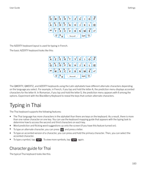 Page 183 
The AZERTY keyboard layout is used for typing in French.
The basic AZERTY keyboard looks like this:  
 
The QWERTY, QWERTZ, and AZERTY keyboards using the Latin alphabets have 
di