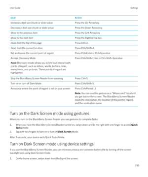 Page 195GoalActionIncrease a text size chunk or slider valuePress the Up Arrow key.Decrease a text size chunk or slider valuePress the Down Arrow key.Move to the previous itemPress the Left Arrow key.Move to the next itemPress the Right Arrow key.Read from the top of the pagePress Ctrl+A.Read from the current locationPress Ctrl+Shift+A.Set and speak the current point of regardPress Ctrl+Enter or Ctrl+Spacebar.Access Discovery ModeNote: Discovery mode allows you to find and interact with
points of regard, such as...