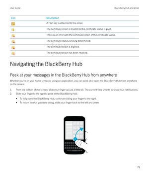 Page 79IconDescriptionA PGP key is attached to the email.The certificate chain is trusted or the certificate status is good.There is an error with the certificate chain or the certificate status.The certificate status is being determined.The certificate chain is expired.The certificate chain has been revoked.
Navigating the BlackBerry Hub
Peek at your messages in the BlackBerry Hub from anywhere Whether you