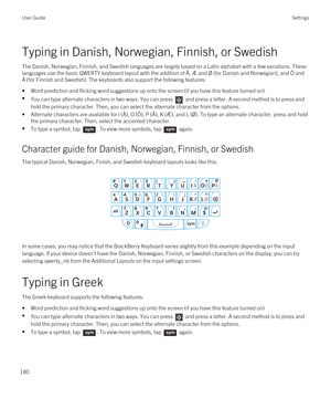 Page 180Typing in Danish, Norwegian, Finnish, or Swedish
The Danish, Norwegian, Finnish, and Swedish languages are largely based on a Latin alphabet with a few variations. These 
languages use the basic QWERTY keyboard layout with the addition of Å, Æ and 