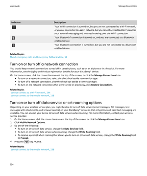 Page 236IndicatorDescriptionYour Wi-Fi connection is turned on, but you are not connected to a Wi-Fi network,or you are connected to a Wi-Fi network, but you cannot access BlackBerry services such as email messaging and Internet browsing over the Wi-Fi connection.Your Bluetooth® connection is turned on, and you are connected to a Bluetooth
enabled device.Your Bluetooth connection is turned on, but you are not connected to a Bluetooth
enabled device.
Related topics
About emergency calls and Emergency Callback...