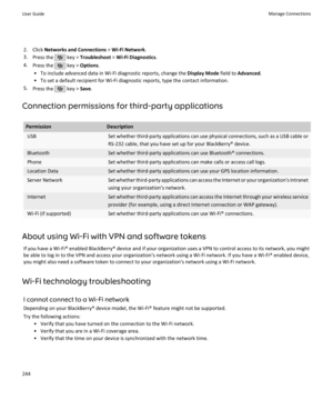 Page 2462. Click Networks and Connections  > Wi-Fi Network .
3. Press the 
 key >  Troubleshoot  > Wi-Fi Diagnostics .
4. Press the 
 key >  Options .
• To include advanced data in Wi-Fi diagnostic reports, change the  Display Mode field to Advanced .
• To set a default recipient for Wi-Fi diagnostic reports, type the contact information.
5. Press the 
 key >  Save.
Connection permissions for third-party applications
PermissionDescriptionUSBSet whether third-party applications can use physical connections, such...