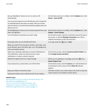 Page 256Set your BlackBerry® device to turn on and turn offautomatically.
You can set your device to turn off while you aren't using it for
an extended period, like when you sleep. Data you receive
when the device is turned off automatically updates when the
device turns on.On the Home screen or in a folder, click the  Options icon. Click
Device  > Auto On/Off .Set backlighting to remain on for a shorter period of time, and
lower its brightnessOn the Home screen or in a folder, click the  Options icon....