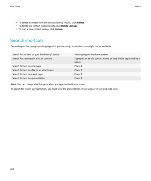 Page 264• To delete a contact from the contact lookup results, click Delete.
• To delete the contact lookup results, click  Delete Lookup.
• To start a new contact lookup, click  Lookup.
Search shortcuts Depending on the typing input language that you are using, some shortcuts might not be available.Search for an item on your BlackBerry® deviceStart typing on the Home screen.Search for a contact in a list of contactsType part or all of a contact name, or type initials separated by aspace.Search for text in a...