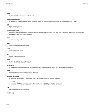 Page 322LDAPLightweight Directory Access Protocol
LDAP-enabled server A BlackBerry® device uses an LDAP-enabled server to search for and download certificates and PGP® keys.
LED light-emitting diode
mass storage mode Mass storage mode enables users to transfer files between a media card and their computer when they connect their
BlackBerry device to their computer.
MCC mobile country code
MMS Multimedia Messaging Service
MNC mobile network code
MTP Media Transfer Protocol
OCSP Online Certificate Status Protocol...