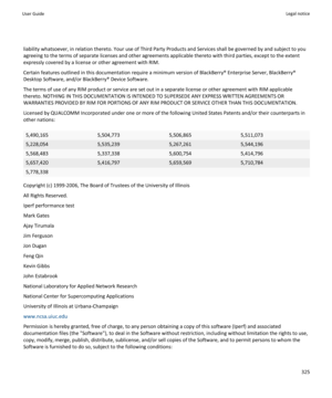 Page 327liability whatsoever, in relation thereto. Your use of Third Party Products and Services shall be governed by and subject to you
agreeing to the terms of separate licenses and other agreements applicable thereto with third parties, except to the extent
expressly covered by a license or other agreement with RIM.
Certain features outlined in this documentation require a minimum version of BlackBerry® Enterprise Server, BlackBerry®Desktop Software, and/or BlackBerry® Device Software.
The terms of use of any...