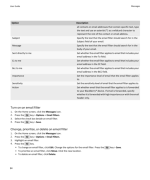 Page 86OptionDescriptionall contacts or email addresses that contain specific text, typethe text and use an asterisk (*) as a wildcard character to
represent the rest of the contact or email address.SubjectSpecify the text that the email filter should search for in the
Subject field of your email.MessageSpecify the text that the email filter should search for in the body of your email.Sent directly to meSet whether the email filter applies to email that includes your
email address in the To field.Cc to meSet...