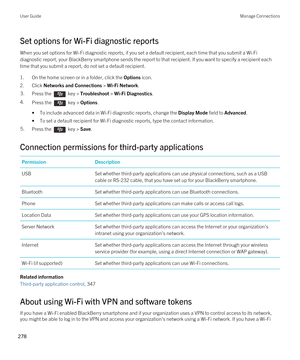 Page 278Set options for Wi-Fi diagnostic reports
When you set options for Wi-Fi diagnostic reports, if you set a default recipient, each time that you submit a Wi-Fi 
diagnostic report, your BlackBerry smartphone sends the report to that recipient. If you want to specify a recipient each 
time that you submit a report, do not set a default recipient.
1.On the home screen or in a folder, click the Options icon.
2.Click Networks and Connections > Wi-Fi Network.
3.Press the  key > Troubleshoot > Wi-Fi Diagnostics....