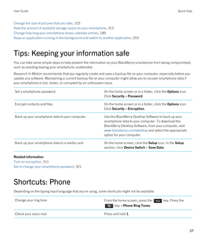 Page 37Change the size of pictures that you take, 153
View the amount of available storage space on your smartphone, 312
Change how long your smartphone stores calendar entries, 189
Keep an application running in the background and switch to another application, 253
Tips: Keeping your information safe
You can take some simple steps to help prevent the information on your BlackBerry smartphone from being compromised, 
such as avoiding leaving your smartphone unattended.
Research In Motion recommends that you...
