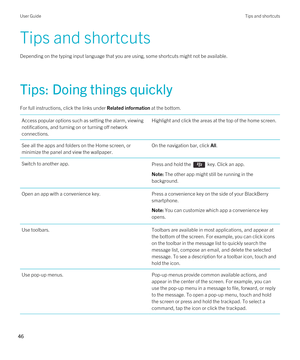 Page 46Tips and shortcuts
Depending on the typing input language that you are using, some shortcuts might not be available.
Tips: Doing things quickly
For full instructions, click the links under Related information at the bottom. 
Access popular options such as setting the alarm, viewing 
notifications, and turning on or turning off network 
connections.Highlight and click the areas at the top of the home screen.See all the apps and folders on the Home screen, or 
minimize the panel and view the wallpaper.On...