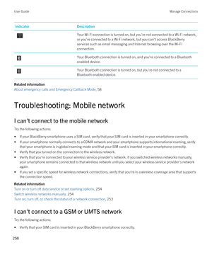 Page 258IndicatorDescription Your Wi-Fi connection is turned on, but you're not connected to a Wi-Fi network, 
or you're connected to a 
Wi-Fi network, but you can't access BlackBerry 
services such as email messaging and Internet browsing over the Wi-Fi 
connection.
 Your Bluetooth connection is turned on, and you're connected to a Bluetooth 
enabled device.
 Your Bluetooth connection is turned on, but you're not connected to a 
Bluetooth enabled device.
Related information
About emergency...