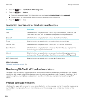 Page 2663.Press the  key > Troubleshoot > Wi-Fi Diagnostics. 
4.Press the  key > Options. 
•To include advanced data in Wi-Fi diagnostic reports, change the Display Mode field to Advanced.
•To set a default recipient for Wi-Fi diagnostic reports, type the contact information.
5.Press the  key > Save. 
Connection permissions for third-party applications
PermissionDescriptionUSBSet whether third-party applications can use physical connections, such as a USB cable or RS-232 cable, that you have set up for your...