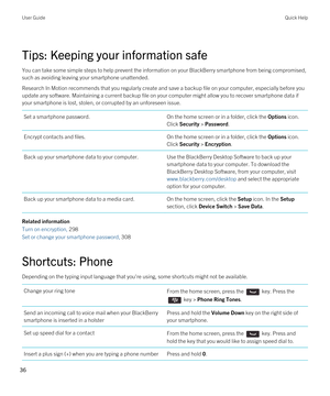 Page 36Tips: Keeping your information safe
You can take some simple steps to help prevent the information on your BlackBerry smartphone from being compromised, 
such as avoiding leaving your smartphone unattended.
Research In Motion recommends that you regularly create and save a backup file on your computer, especially before you  update any software. Maintaining a current backup file on your computer might allow you to recover smartphone data if 
your smartphone is lost, stolen, or corrupted by an unforeseen...