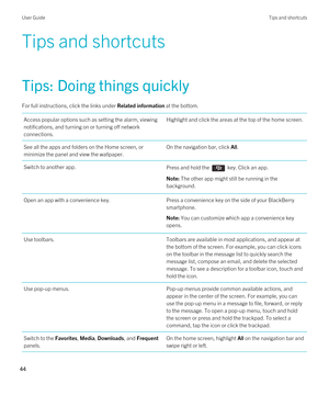 Page 44Tips and shortcuts
Tips: Doing things quickly
For full instructions, click the links under Related information at the bottom. 
Access popular options such as setting the alarm, viewing 
notifications, and turning on or turning off network 
connections.Highlight and click the areas at the top of the home screen.See all the apps and folders on the Home screen, or 
minimize the panel and view the wallpaper.On the navigation bar, click All.Switch to another app.Press and hold the  key. Click an app. Note:...