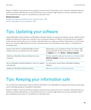 Page 49Research In Motion recommends that you regularly create and save a backup file on your computer, especially before you update any software. Maintaining a current backup file on your computer might allow you to recover smartphone data if 
your smartphone is lost, stolen, or corrupted by an unforeseen issue.
Related information
Change how long your smartphone stores calendar entries, 178
Delete a language from your smartphone, 219
Tips: Updating your software
Updated BlackBerry Device Software and...