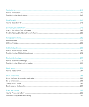 Page 6Applications ................................................................................................................................\
............. 240
How to: Applications ................................................................................................................................ 240
Troubleshooting: Applications .................................................................................................................. 242
BlackBerry ID...
