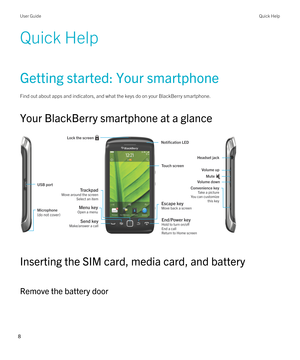 Page 8Quick Help
Getting started: Your smartphone
Find out about apps and indicators, and what the keys do on your BlackBerry smartphone.
Your BlackBerry smartphone at a glance
 
 
Inserting the SIM card, media card, and battery
Remove the battery door
 
User GuideQuick Help
8  